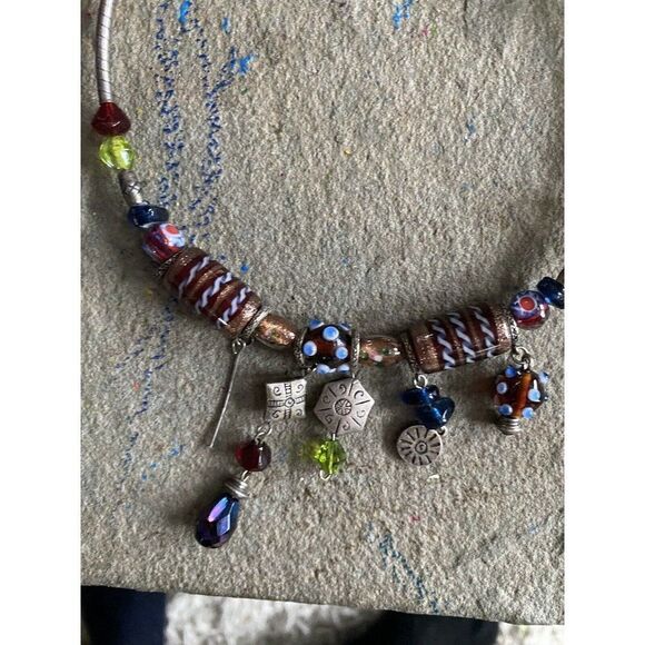 Collar Necklace Glass Beads Metallic Silver Tone Artisan Blue Brown Green - Picture 5 of 8